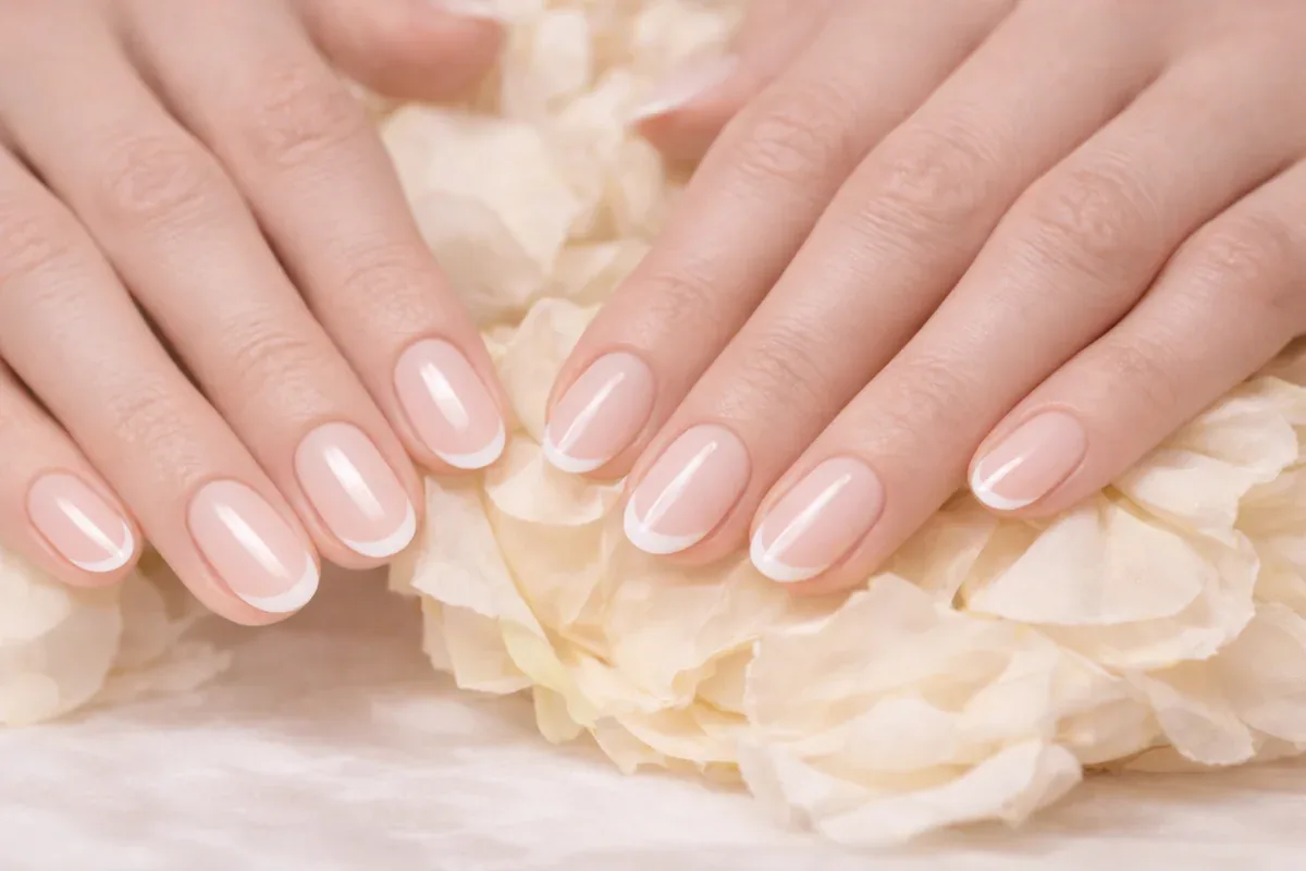Mains aux ongles manucurés en French manucure posées sur des pétales de fleur